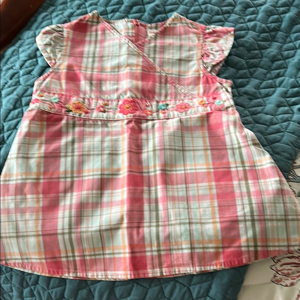 Pink Plaid Dress with Floral Embroidery